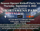 Buffalo vs LA Season Opener Kickoff Party in Sportsmens Park 16′ Screen & Concert Sound FREE RESERVE YOUR SPOT 6pm Gates 8:20 Kickoff